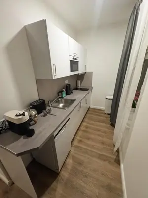 a small kitchen with white cabinets and a sink at florenc apartments prague by kalab in Prague