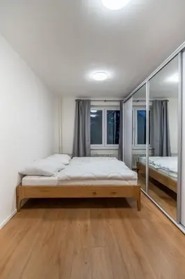 a bedroom with a large bed and a mirror at Prague Family Apartment in Prague