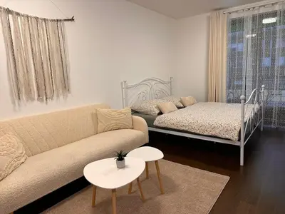 a living room with a couch and a bed at Evas Cozy Studio Prague in Prague