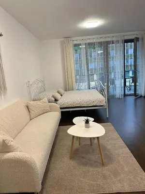 a living room with a couch and a table at Evas Cozy Studio Prague in Prague