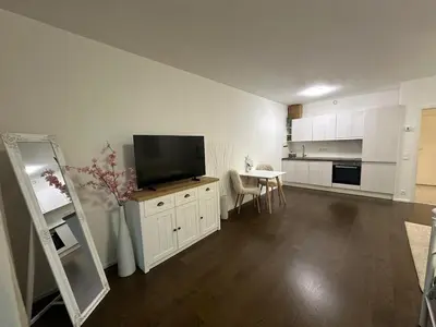 a living room with a television and a table with chairs at Evas Cozy Studio Prague in Prague