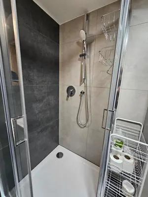 a bathroom with a shower and two toilets at Bohemian Loft Apartament in Prague