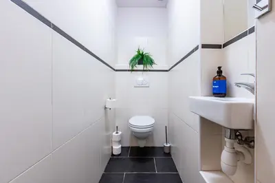a white bathroom with a toilet and a sink at Prague Days - Two Bedroom Apartment next to Dancing House with High-Speed WiFi in Prague