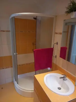 a bathroom with a sink and a shower at Ubytováni U rybníčku in Bzová