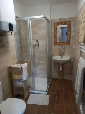 a bathroom with a shower and a sink at Ubytováni U rybníčku in Bzová