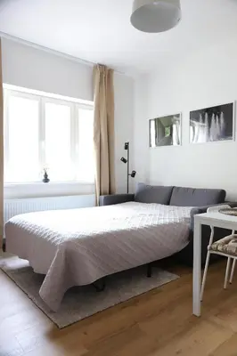 a bed in a room with a couch and windows at Apartmány park in Poděbrady