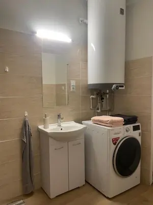 a bathroom with a washing machine and a sink at Byt v okolí letiště a Prahy in Velké Číčovice
