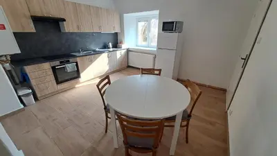a kitchen with a table and chairs and a white refrigerator at Byt v okolí letiště a Prahy in Velké Číčovice
