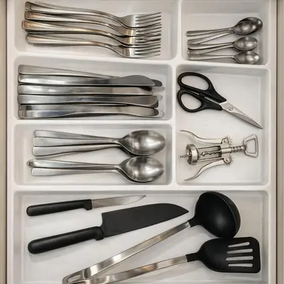 a drawer filled with silver utensils and spoons at Ubytování Městská hora Beroun - Sauna in Beroun