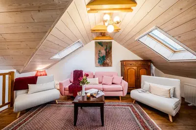 a living room with two couches and a table at Prague Days - Cozy House near Prague Castle with Desk and Balcony in Prague
