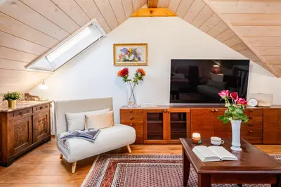 a living room with a couch and a tv at Prague Days - Cozy House near Prague Castle with Desk and Balcony in Prague