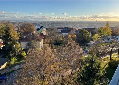 an aerial view of a city with trees and buildings at Panoramic top floor flat across the metro in Prague