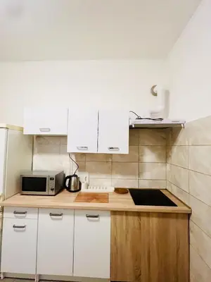 a kitchen with white cabinets and a microwave at Big apartment in Brandýs nad Labem in Brandýs nad Labem-Stará Boleslav