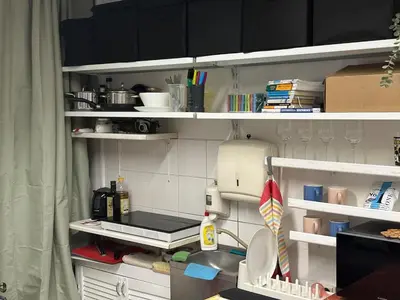 a kitchen with white shelves and a counter top at Cozy place on the edge of Prague in Sibřina