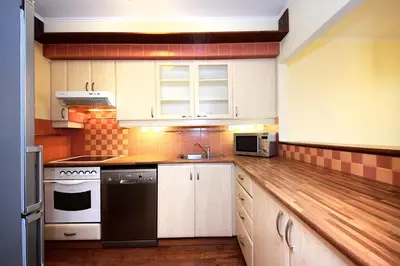 a kitchen with white cabinets and a black appliance at AP Antonie in Prague