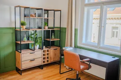 an office with a desk and a shelf with plants at Cosy apt in vibrant area 2 metro stops from Prague's hisorical centre in Prague