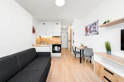 a living room and kitchen with a couch and a table at My Mozart apartments in Prague