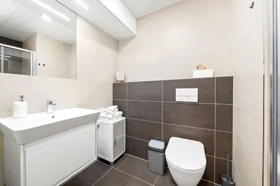 a bathroom with a sink and a toilet at My Mozart apartments in Prague