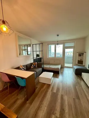 a living room with a couch and a table at Terrace apartment near centre, parking, river park in Prague