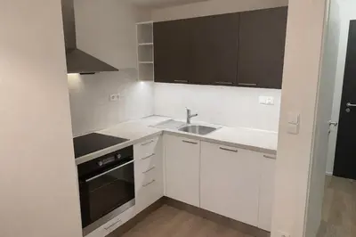 a small kitchen with white cabinets and a sink at Modern apartment in the Amadeus residence in Prague