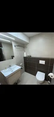 a bathroom with a white toilet and a sink at Apartment Mozart in Prague