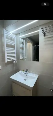 a bathroom with a white sink and a mirror at Apartment Mozart in Prague