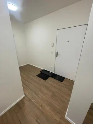 an empty room with a white door and a wooden floor at 1Room in Family Apartment Barrandov in Prague