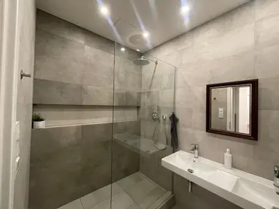 a bathroom with a glass shower and a sink at 1Room in Family Apartment Barrandov in Prague