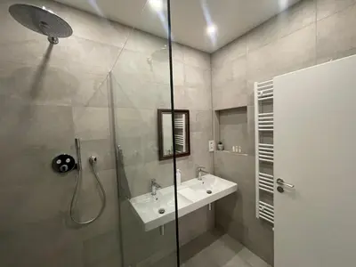 a bathroom with a shower and a sink at 1Room in Family Apartment Barrandov in Prague