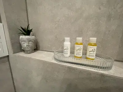 a shelf with three bottles of honey and a statue at 1Room in Family Apartment Barrandov in Prague