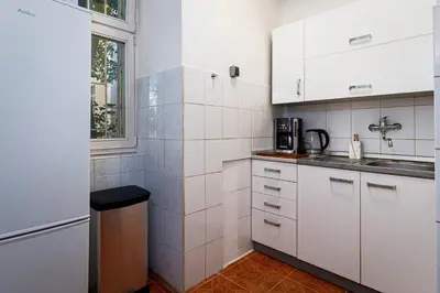 a white kitchen with white cabinets and a sink at Crown of Leo in Prague