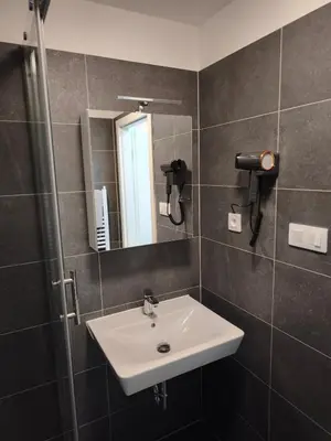 a bathroom with a shower with a toilet and a sink at Great Apartment Praha in Prague