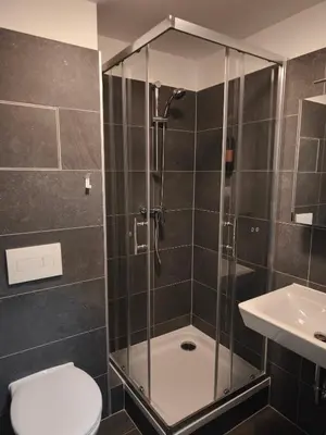 a bathroom with a toilet and a shower at Great Apartment Praha in Prague