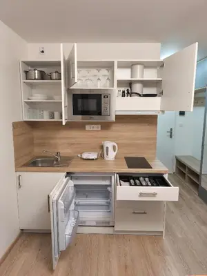 a kitchen with white cabinets and a sink at Great Apartment Praha in Prague