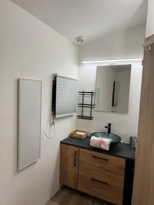 a bathroom with a sink and a mirror at Apartmán na Hejtmánce u letiště v Mladé Boleslavi in Mladá Boleslav