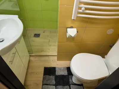 a bathroom with a toilet and a sink at Apartmán na Hejtmánce u letiště v Mladé Boleslavi in Mladá Boleslav