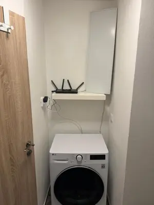 a small bathroom with a washing machine in it at Apartmán na Hejtmánce u letiště v Mladé Boleslavi in Mladá Boleslav