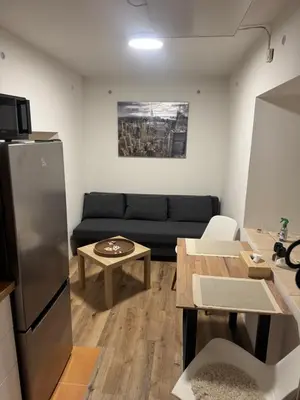 a living room with a couch and a table at Apartmán na Hejtmánce u letiště v Mladé Boleslavi in Mladá Boleslav