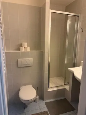a bathroom with a toilet and a shower and a sink at Apartmán VBloku in Prague