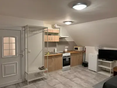 a kitchen with a white door and a stove top oven at Moderní podkrovní garsonka s hezkým výhledem in Prague