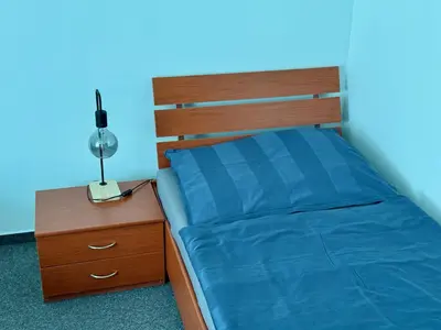 a bedroom with a bed with a wooden headboard and a night stand at Hotel CAVOK letiště Příbram in Drásov