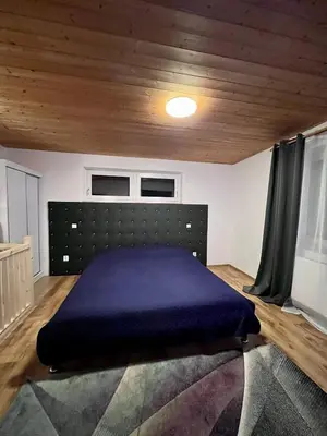 a bedroom with a large bed with a blue blanket at ZANIK Cozy Haven in Prague