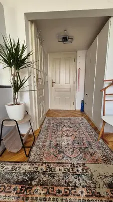 a living room with a rug and a potted plant at Prague 1 Apartment Nekázanka in Prague