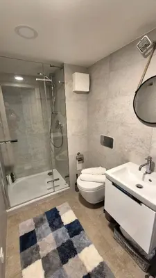a bathroom with a toilet and a shower and a sink at Prague 1 Apartment Nekázanka in Prague