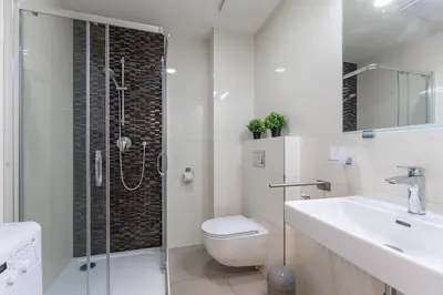 a bathroom with a shower and a toilet and a sink at Newly renovated apartment next to the National Museum in Prague