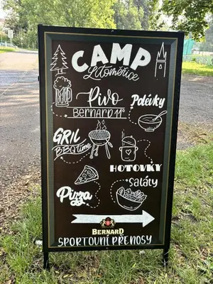 a chalkboard sign with drawings of food on it at Camp Litomerice in Litoměřice