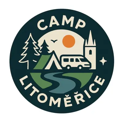 a camp adventure logo with a camper van and a tent at Camp Litomerice in Litoměřice