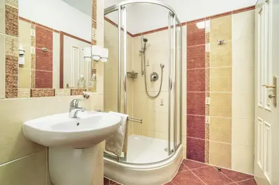 a bathroom with a sink and a shower at Royal Vineyards Apartment in Prague