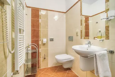 a bathroom with a toilet and a sink at Royal Vineyards Apartment in Prague