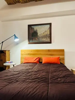 a bedroom with a large bed with two orange pillows at Apartmán Míšeňská in Prague